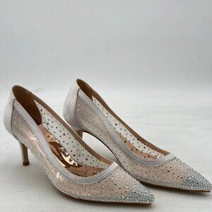 XYD Silver Women Mid Kitten Heels Pumps Rhinestones Mesh Slip On Pointed Toe
